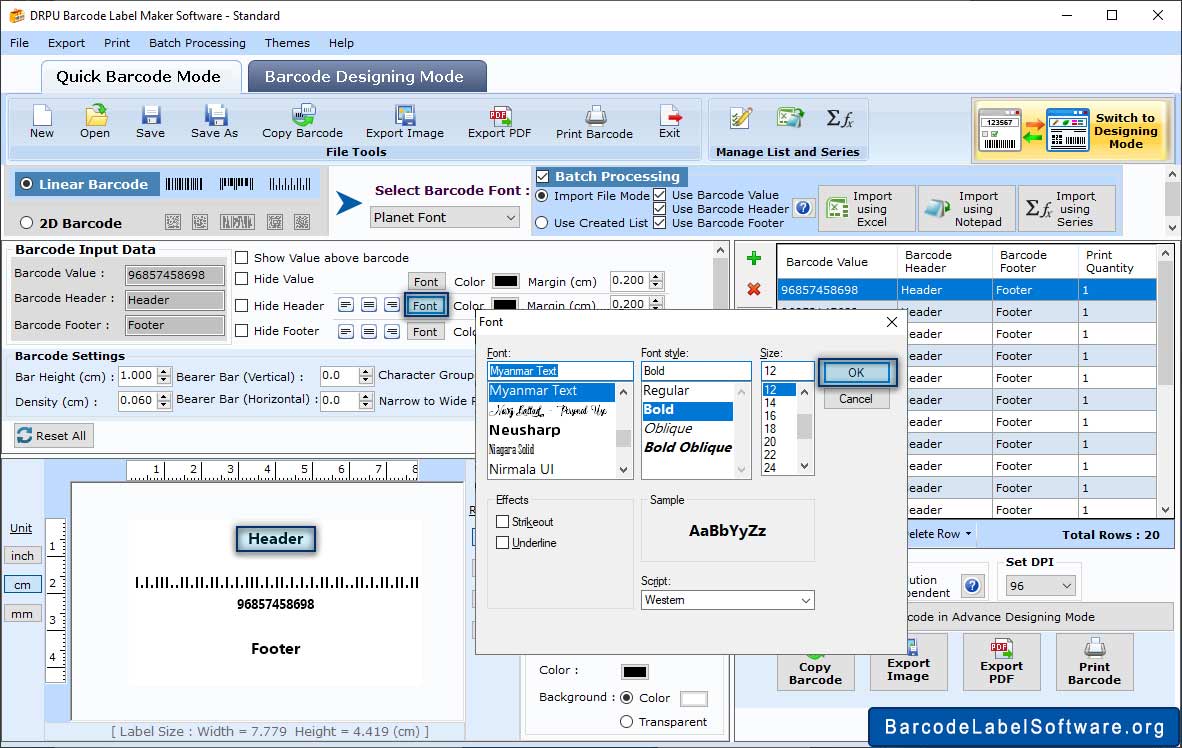 Select Barcode Font Settings